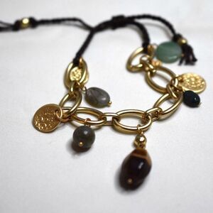 NWOT Gold Tone Link Etched Coins/Multi Color Stone Beads Adj. 5-8" Cord Bracelet